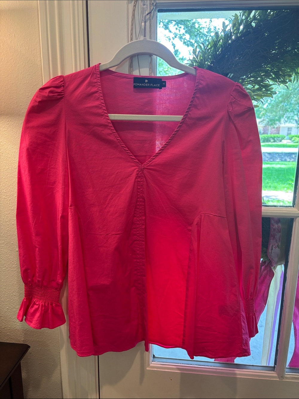 Pomander Place Bright Pink V-Neck Puff Sleeve Blouse